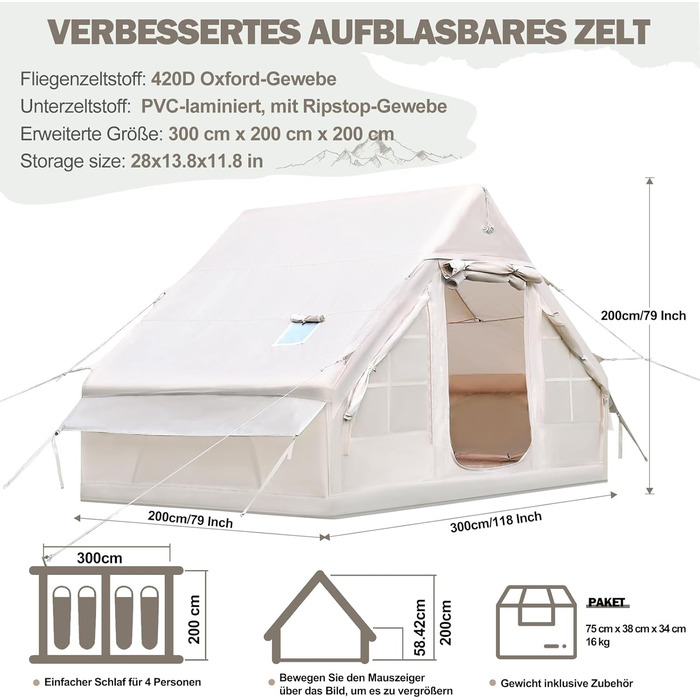 Надувний кемпінговий намет з димохідним отвором та мансардним вікном, надувний намет для 2-10 осіб з повітряним насосом, надувний намет з водонепроникної тканини Оксфорд для всіх сезонів, швидке встановлення, повітряні намети для 2-4 осіб/300 см x 210 см 
