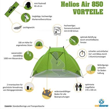 Легкий пляжний намет для активного відпочинку Helios Air 850 - пляжний намет із захистом від сонця UV 80, невеликий розмір для подорожей, сонцезахисний намет з алюмінієвими стійками (зелений)