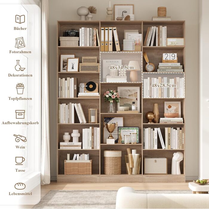 Книжкова шафа FirFurd 188 см, полиця з 17 відділеннями, книжкова шафа, окремостояча полиця, полиця для зберігання, для вітальні, офісу, кабінету, 149 x 23,5 x 188 см, дуб