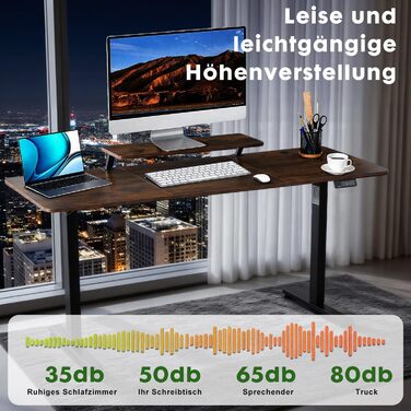 Стіл з регульованою висотою 160 x 60 см, Електричний стіл з регулюванням висоти, Ігровий стіл з підставкою для монітора, Стіл для роботи стоячи, Регульований комп&39ютерний стіл, Коричневий