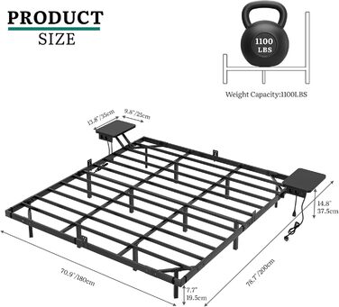 Каркас ліжка YITAHOME зі світлодіодним освітленням, зарядною станцією USB, інтерфейсом Type-C, плаваючим дизайном, металевим каркасом, тканинним чохлом (матрац не входить до комплекту), 180x200 см, чорний