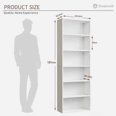 Книжкова полиця, 6-ярусна книжкова шафа, окремостояча полиця, висока книжкова полиця, сучасна відкрита дерев&39яна полиця, для вітальні, спальні, офісу, кабінету, 55,5 x 23,5 x 181 см, біла, 6 ярусів - 1 упаковка білого кольору