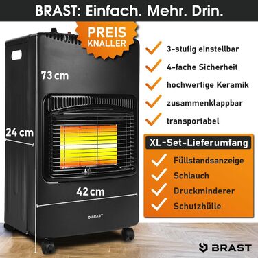 Газовий обігрівач BRAST Керамічний вулкан 4200 Вт 3 режими нагріву У комплекті захисний чохол, регулятор тиску зі шлангом та індикатор рівня заповнення Складаний та портативний Для газових балонів до 15 кг Газовий обігрівач, радіаційний обігрівач