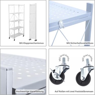 Складана полиця з колесами 5 полиць/відсіків Білий Вантажопідйомність 250 кг ВxШxГ 167x72x34 см Полиця для зберігання, металева полиця, складна полиця, 5 полиць, білий