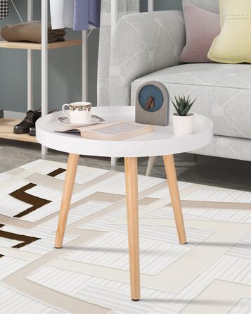 Невеликий круглий бічний столик, журнальний столик, підставка для рослин, тумбочка, масив дерева, скандинавський дизайн, білий, 50 x 44 см (діаметр x висота), TS143ws
