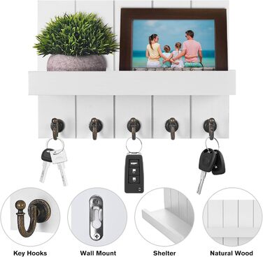 Ключниця Kldgris з полицею, дерев'яна ключниця, декоративна дерев'яна настінна ключниця, з 5 гачками для ключів, для входу, передп