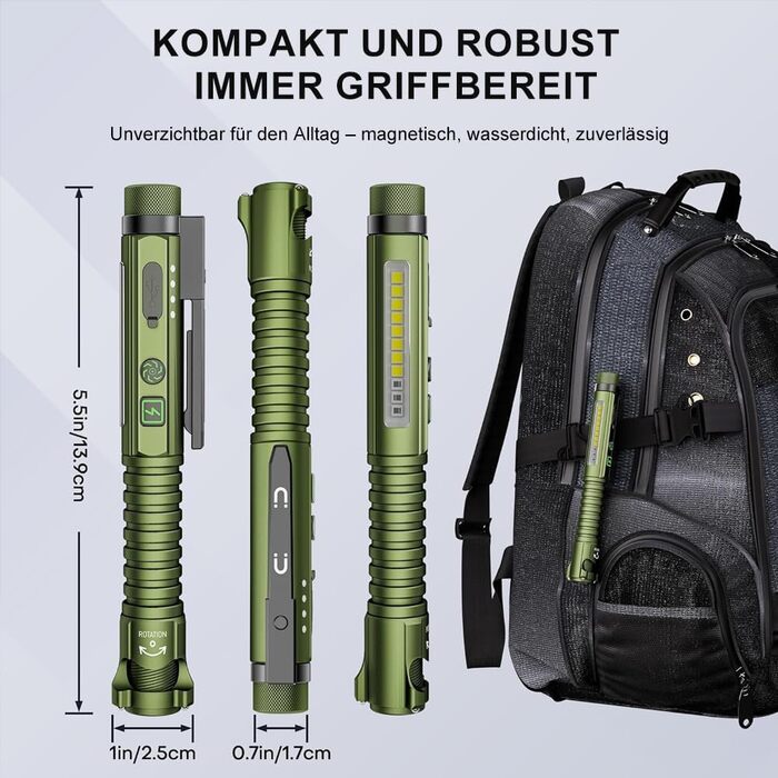 Акумуляторний світлодіодний ліхтарик ASORT, суперяскравий 2000 люмен, магнітний тактичний ліхтарик-ручка з затискачем, 10 режимів, маленький компактний УФ-ліхтарик, розбивач скла та відкривачка для пляшок, для надзвичайних ситуацій, кемпінгу та домашнього