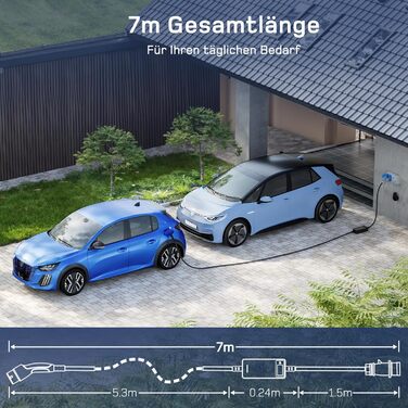 Зарядний кабель тип 2 CEE штекер 7.4кВт 1-фазний7м6-32А з регульованою потужністю зарядки, зарядний пристрій для електромобілів та