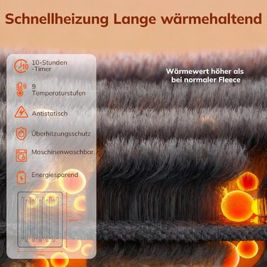 Електрична ковдра з підігрівом Keenstone, затишна зігрівальна ковдра, 9 температурних режимів, можна прати в пральній машині, з автоматичним вимкненням, антрацитово-сірий колір