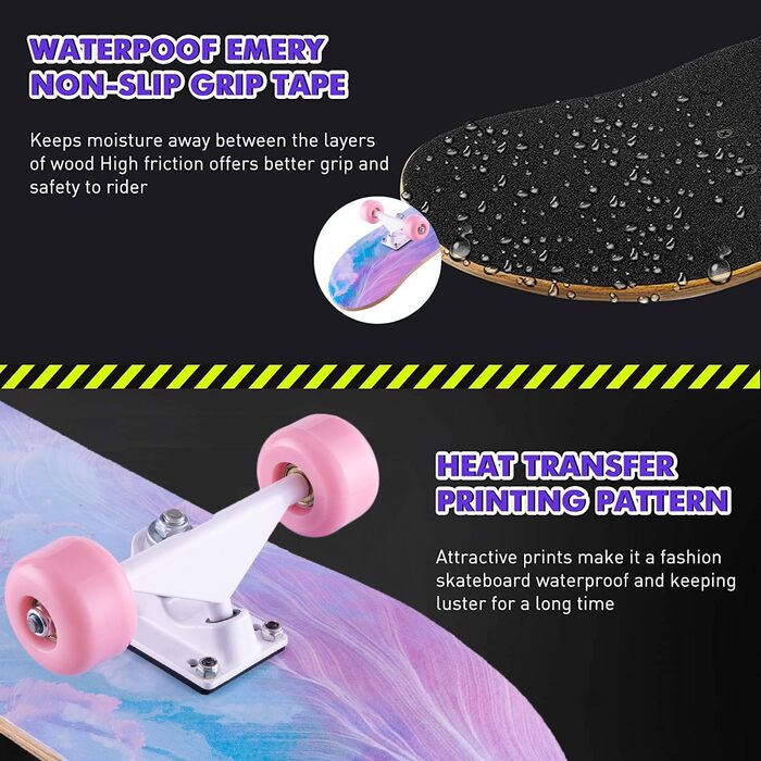 Скейтборд CLCYTIP 31 x 8 дюймів - повний круїзерний скейтборд для початківців, 8-шарова кленова дека, ABEC-11 кулькові підшипники, увігнута дека з подвійним кіком, для підлітків та дорослих, рожевий JG дизайн