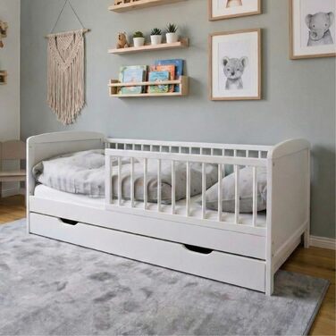 Дитяче ліжко Kids Collective 70x140 см з матрацом, шухлядою, рейковою основою та захисними поручнями білого кольору, з ящиком для ліжка, Зроблено в Європі. Дитяче ліжко до 6 років 70 x 140 см з матрацом білого кольору.