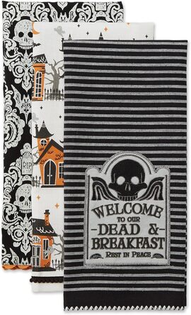 Колекція чайних рушників DII Happy Halloween, оздоблена бавовна, набір кухонних рушників, 45,7 х 71,1 см, дамаск з черепом/будинок