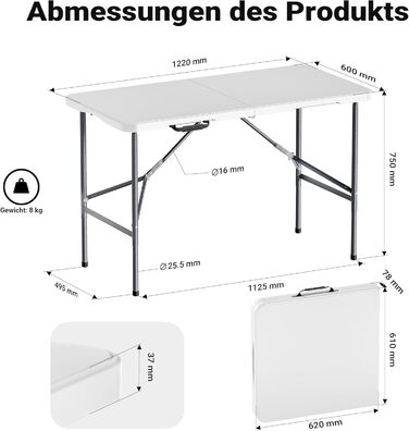 Складаний кемпінговий стіл Wiltec 122x60x75 см, розкладний стіл з ручкою для перенесення, стіл для вечірки, пивний стіл, садовий стіл, фуршетний стіл, комплект пивного намету, складний кемпінговий стіл 120 x 60 x 74 см у розкладеному вигляді, 63 x 61 x 75