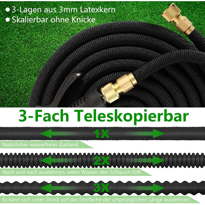 Гнучкий садовий шланг 15 м/50 футів, водяний шланг з 8 функціональними розпилювальними форсунками, 3/4 дюйма та 1/2 дюйма з гачком для шланга Мішок для зберігання Вставка шланга для води Сад