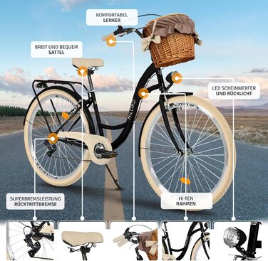 Жіночий міський велосипед MILORD Comfort з плетеним кошиком, вінтажний, голландський, 26, 28 дюймів, 7 швидкостей, чорно-кремовий, 28 дюймів