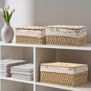 Набір кошиків для зберігання з 3 предметів з кришкою, декоративний плетений кошик, компактні кошики для зберігання у ванній кімнаті, плетений подарунковий кошик, коробка для зберігання зі знімною підкладкою (3 розміри)