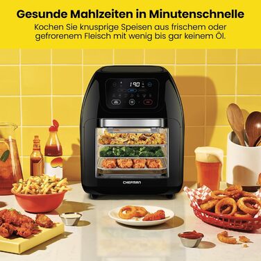 Багатофункціональна цифрова фритюрниця Chefman гриль, дегідратор, конвекція, 17 попередньо встановлених сенсорних екранів, сімейний розмір XL 10 л, автоматичне вимкнення, велике вікно огляду, чорний Великобританія