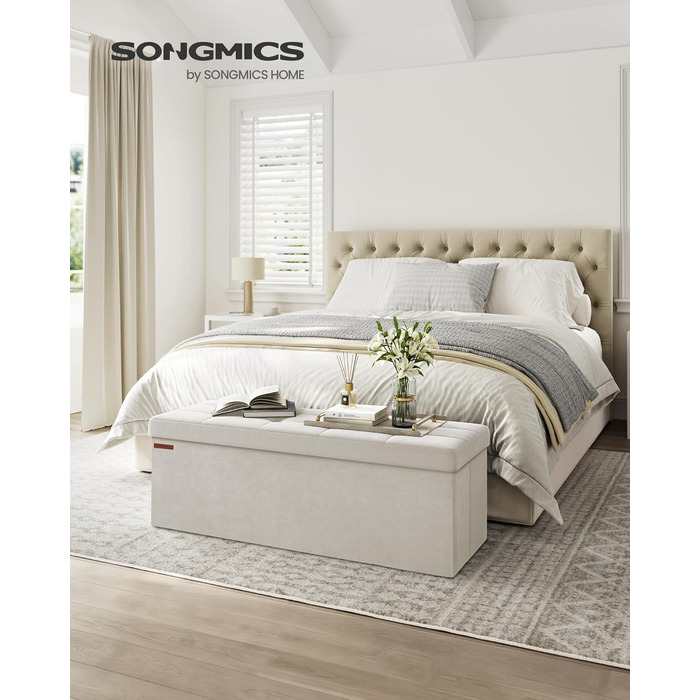 Пуф для зберігання SONGMICS, Складана лавка, 38 x 110 x 38 см Пуф для ніг, Коробка для зберігання, Вантажопідйомність до 300 кг, для вітальні, спальні, коридору, кремово-білий LSF277W01 Кремово-білий 110B см
