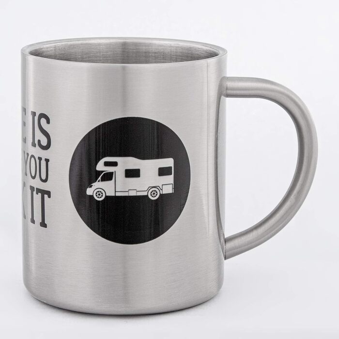 Емальована кружка MUGSY, Дім там, де ви її паркуєте, мотив Vanlife, 330 мл, біла, ударостійка та легка з нержавіючої сталі, для кемпера