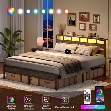 Ліжко HOOBRO 180 x 200 з рейковою основою, двоспальне ліжко з узголів&39ям, світлодіодне освітлення, зарядна станція (2AC, 2USB-A), каркас ліжка 180 x 200 см, металеве ліжко для спальні/гостьової кімнати, антрацит EBC80CDBF01 180 x 200 x 103 см