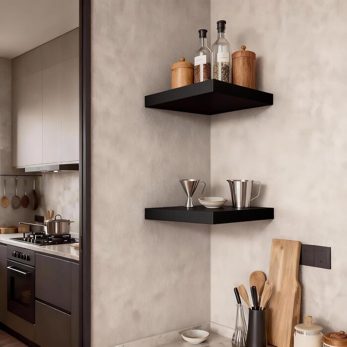 Плаваючі настінні полиці, комплект з 2 шт. , квадратні полиці з масиву дерева 20,3 см, маленькі декоративні настінні полиці для ванної кімнати, спальні, вітальні та кухні Чорний Чорний 20,3 см - 2 шт. и