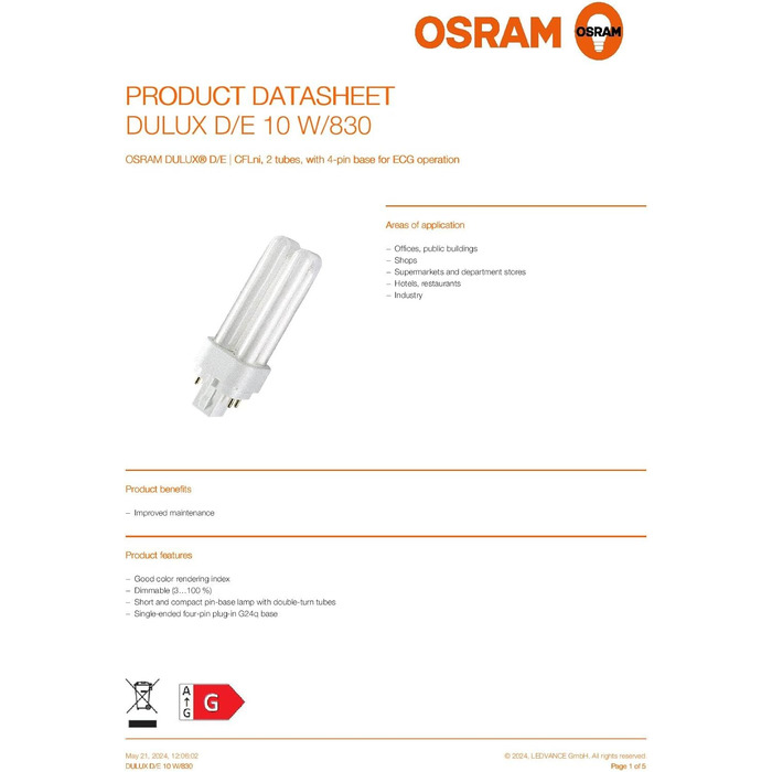 Компактна люмінесцентна лампа OSRAM DULUX DE, 10 Watt, G24q1 EEK A