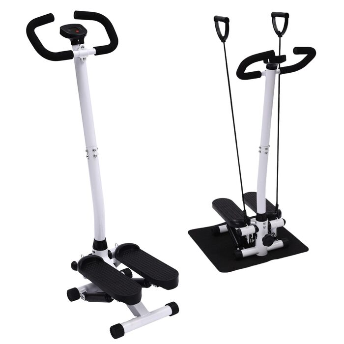 Степер з ручкою, домашній фітнес-тренажер з РК-екраном, рукояткою та еспандером 90 см, для тренування ніг та сідниць, опрацьовує все тіло, максимальна вага 120 кг, 29 x 39 x 110 см, чорний