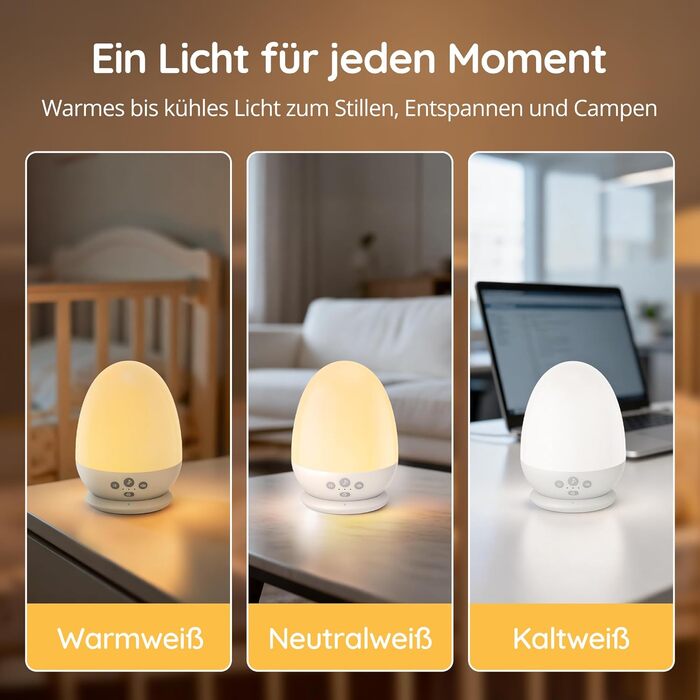 Нічник JolyWell для дітей з генератором білого шуму, RGB-нічник з регульованою яскравістю для немовлят, 3 колірні температури, плавне регулювання яскравості, дитячий нічник з 18 типами білого шуму, з таймером та зарядкою через USB-C