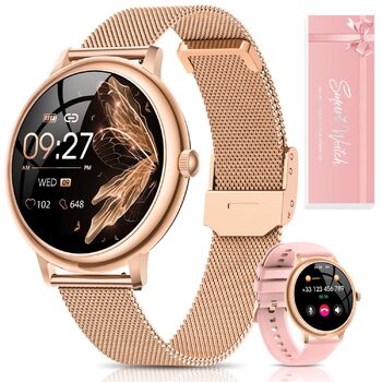 Жіночий смарт-годинник RUXINGX, маленький круглий фітнес-годинник із функцією телефону, сенсорний екран AMOLED 1,19 дюйма, цілодобовий монітор серцевого ритму, відстеження SpO2, моніторинг менструального циклу, відстеження сну, калорії, крокомір, сумісний