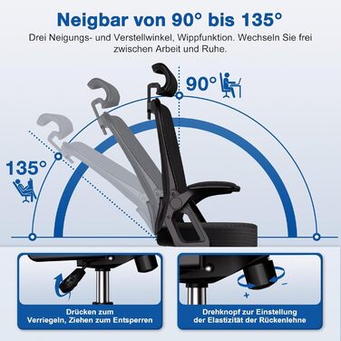 Офісне крісло, ергономічне офісне крісло з регульованим підголівником, підлокітниками та поперековою опорою, обертове робоче крісло з функцією гойдання до 135, крісло керівника, зручне для спини, вантажопідйомність 150 кг, чорний колір, модель I