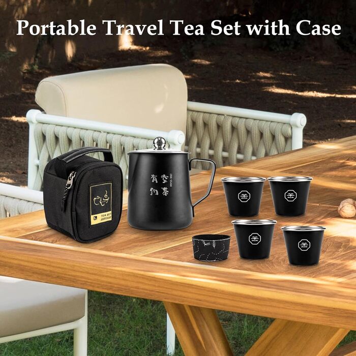 Набір для чаювання в кейсі, дорожній набір для чаю - з нержавіючої сталі для дорослих Туристичний чайник, 4 чашки, для приготування чаю при високій температурі