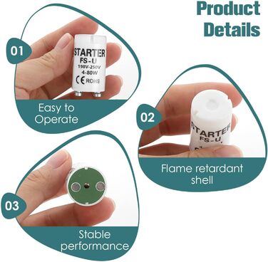 Універсальний стартер Rumgug 6 шт. для люмінесцентних ламп і світлодіодів, FS-U 4-80 Вт, 198-250 В, ефективне запалювання для одного контуру (Набір B)