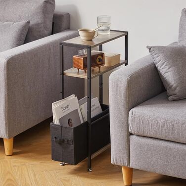 Вузький журнальний столик з поверхнею для зберігання, 3-ярусний вузький журнальний столик з тканинним кошиком, тонкий журнальний столик для вітальні, спальні, кабінету, тумбочки, офісу, світло-сірий дуб YD-TM052Y