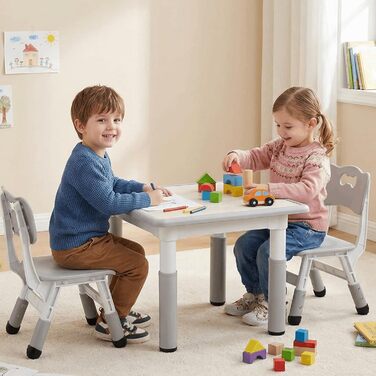 Дитячий стіл Clevich з 2 стільцями, комплект столу та стільців, дитяча група сидінь з регульованою висотою, дитячі меблі для дитячої кімнати, художній стіл та група сидінь - ергономічний, багатофункціональний - сірий