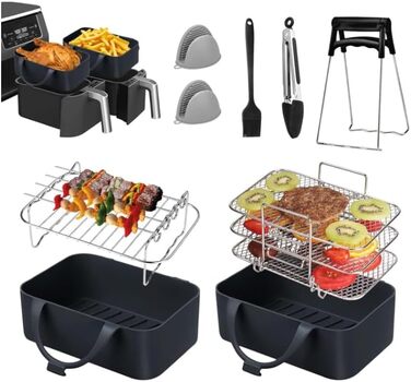 Набір аксесуарів для фритюрниці з 9 предметів для Ninja Foodi Dual AF300EU, AF400EU, Princess 182068, включаючи силіконову вставку для фритюрниці та решітки для фритюрниці тощо, аксесуари для фритюрниці з подвійними кошиками 7.6 л-9.5 л тип A
