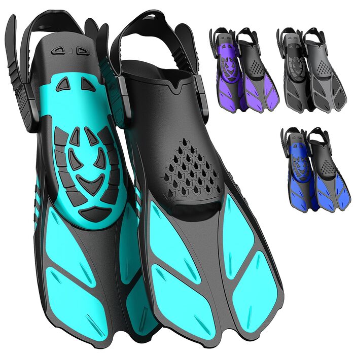 Ласти для снорклинга, регульовані ласти для плавання дорослих, дорожній розмір, унісекс ласти для дайвінгу для дорослих, чоловіків, жінок та дітей, відкриті тренувальні ласти з п&39ятою та сітчастою кишенею, S/M, темно-зелені