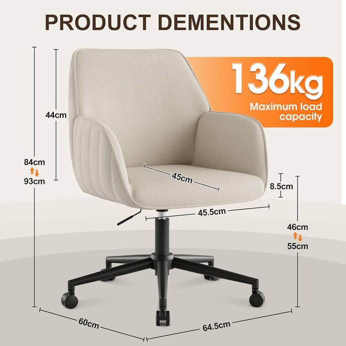 Офісне крісло, крісло для роботи, крісло для домашнього офісу, до 136 кг, обертове крісло, оксамитове крісло-туалет з підлокітниками та колесами, ергономічне, зручне, для жінок та дівчат, регульована висота, для спальні, домашнього офісу, білий оксамит, т