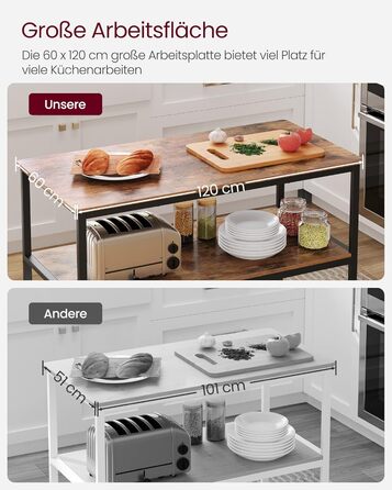 Кухонна полиця VASAGLE з великою стільницею, 3-рівнева полиця для мікрохвильової печі, сталева рама, 60 x 120 x 90 см, промисловий колір, легке складання, вінтажний коричнево-чорний колір KKI01BX Вінтажний коричневий чорний