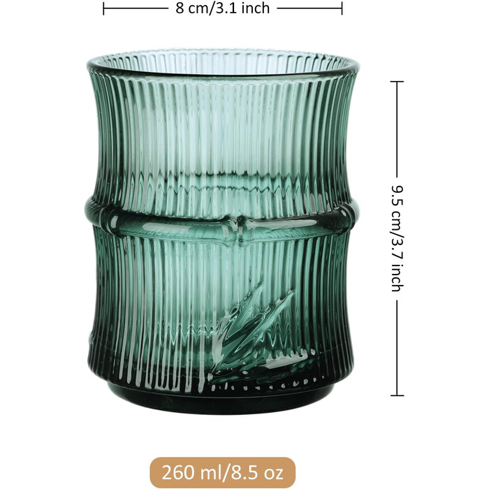 Набір Joeyan з 4 шт. абельованих склянок для пиття бамбукової форми - 260 мл тиснені скляні стакани вінтажні зелені креативні скля