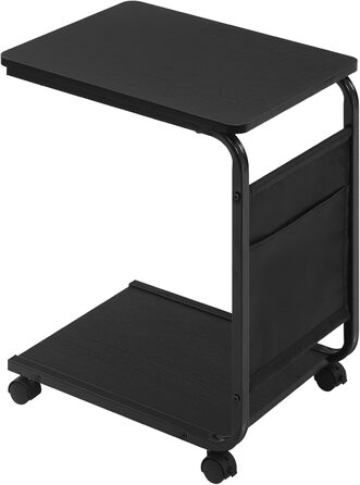 Журнальний столик WOLTU з 2 полицями та 1 бічною кишенею, журнальний столик-диван з місцем для зберігання, С-подібний стіл для вітальні, на колесах, для ліжка або дивана, виготовлений з дерева та металу, 50x62x35 см, чорний, BTS04sz