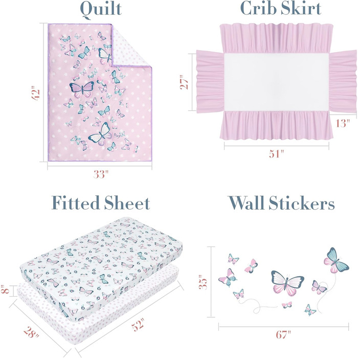 Комплект постільної білизни для дитячого ліжечка MY LITTLE ZONE з метеликами, 5 предметів, включаючи дитячу ковдру, 2 простирадла,