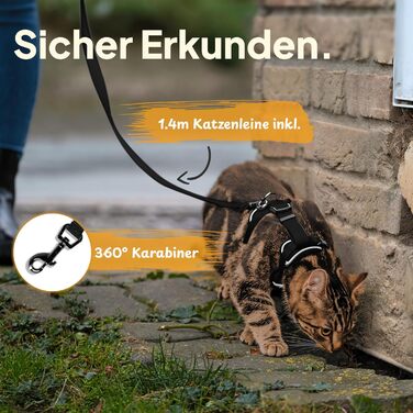 Шлейка для котів Tierhood з повідцем Нова, ЛЕГКА версія - Повідець зі шлейкою для котів та кошенят - Комплект шлейки для котів з повідцем - Контрольована свобода - Чорний, Розмір S