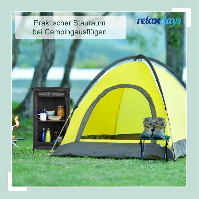Кемпінгова шафа Relaxdays, 2 полиці, ВxШxГ 87 x 47,5 x 47,5 см, тканина та метал, кемпінгова полиця, місце для зберігання в тенті, сірий