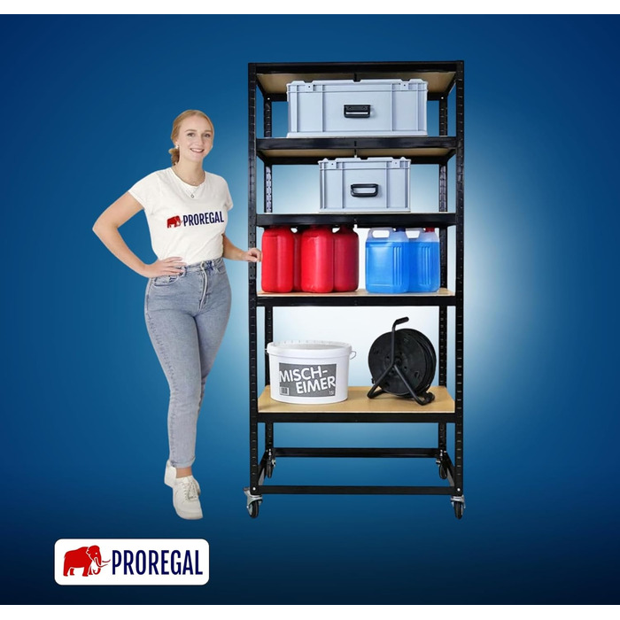 Комплектувальний візок BUFFALO Мобільний комплектувальний стелаж 192x90x50 см 5 полиць Навантаження на полицю 50 кг 2 шт. поворотні ролики та 2 шт. поворотні ролики з фіксуючим гальмом Чорна полиця на колесах Комплект візків для полиць з 2 предметів - 192