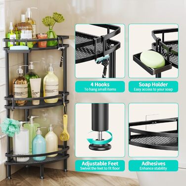 Кутова полиця для душу HapiRm без свердління - 3 предмети, стояча полиця для душу з ящиком для зберігання та 4 гачками, окремостояча полиця для ванної кімнати, кошик для шампуню та гелю для душу - чорний колір