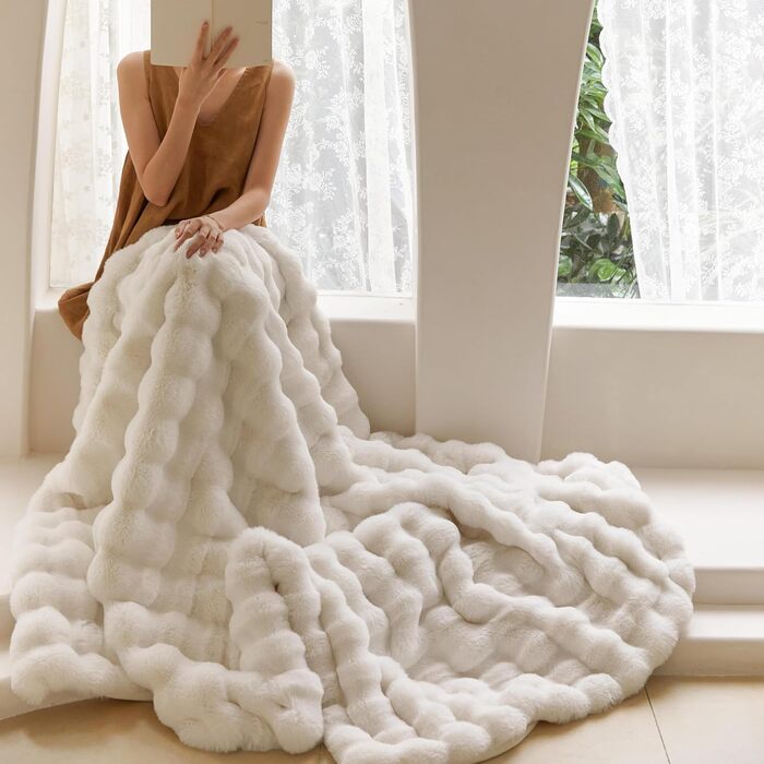 Плюшева ковдра Lanqinglv, 220x240 см, біла, ковдра зі штучного хутра кролика, товста фланелева ковдра, тепла ковдра для ліжка, дивана, спальні, офісу, Gz-білий 220 x 240 см