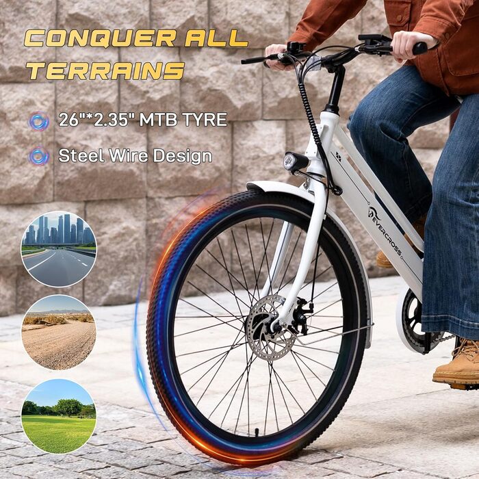 Електричний велосипед EVERCROSS EK8 для дорослих, 26-дюймовий електровелосипед - двигун 250 Вт, акумулятор 36 В 10,4 Аг, 15/20/25 км/год, максимальне навантаження 120 кг, гірський електровелосипед для жінок та чоловіків, білий стандарт