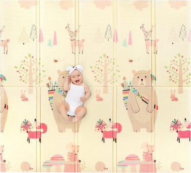 Ігровий килимок Baby 180x200x1,5 см - Ігровий килимок XXL з двосторонньою м'якою підкладкою - Дитяча та доросла сторона - Ігровий килимок з пінопласту - Дитячий ігровий килимок складний - Солодкий ведмедик лисиця