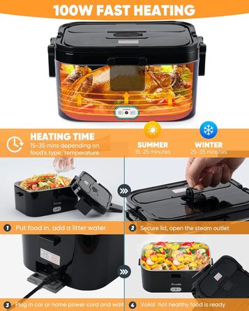 Електричний підігрівач їжі для ланчбоксу Eocolz 100 Вт, підігрівач їжі з подвійним контейнером 1,8 л, портативний підігрітий ланчбокс для автомобіля, вантажівки, роботи, виделка та ложка з нержавіючої сталі 12/24/110 В для дорослих, чорний - 1,8 л