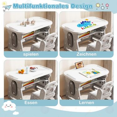 Дитячий стіл та стілець з регульованою висотою, дошкою для малювання та відділенням для зберігання, художній стіл/стіл для учнів з нековзними ніжками, для дітей від 3 років (сірий)